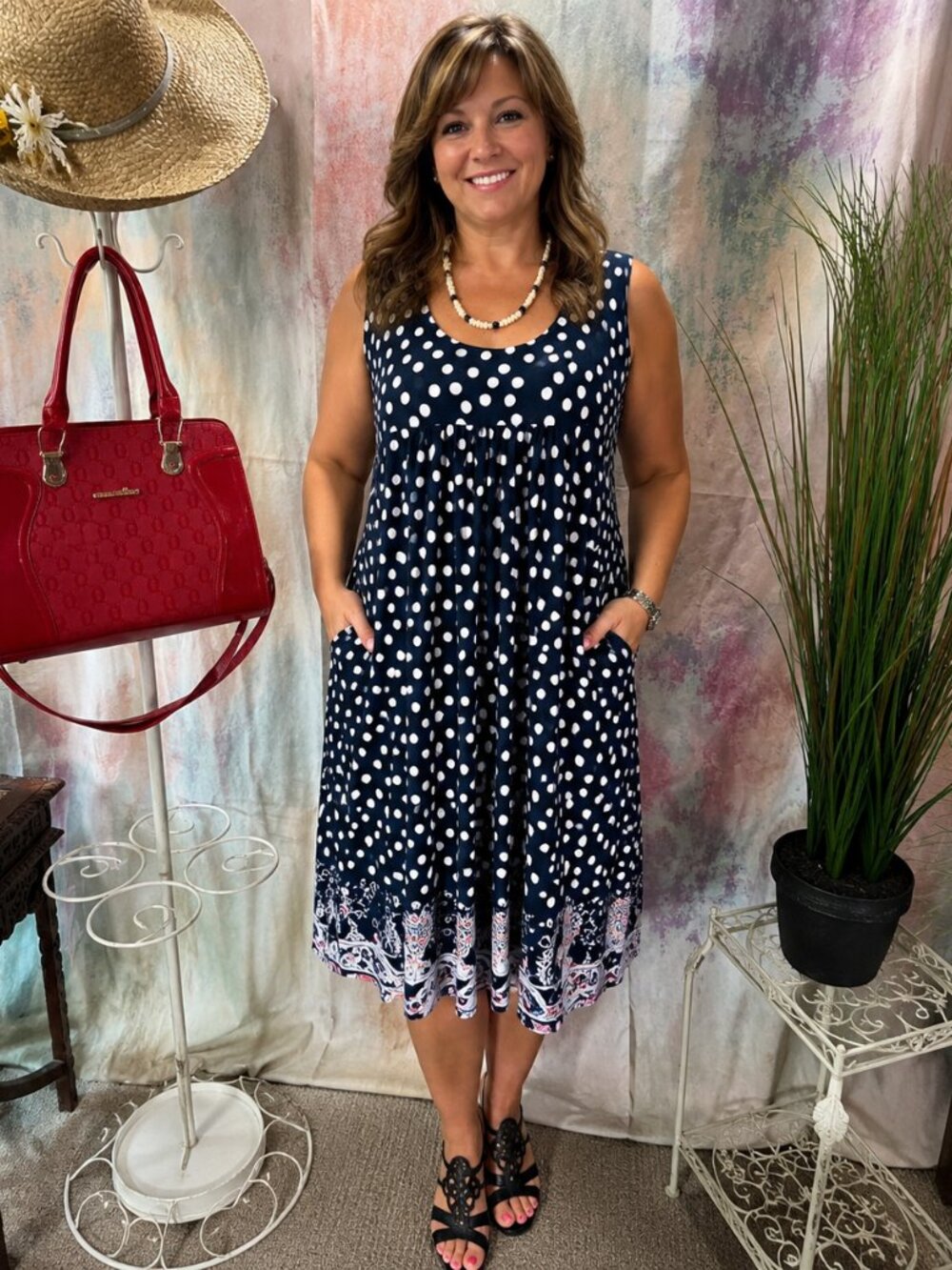 📌bpc Polka Dots Empire Waist Casual Viscose Blend A-Line Dress w/ Patch Pockets